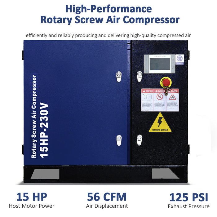 56CFM Rotary Screw Air Compressor, 15HP, 125PSI, 230V 3PHASE 60HZ