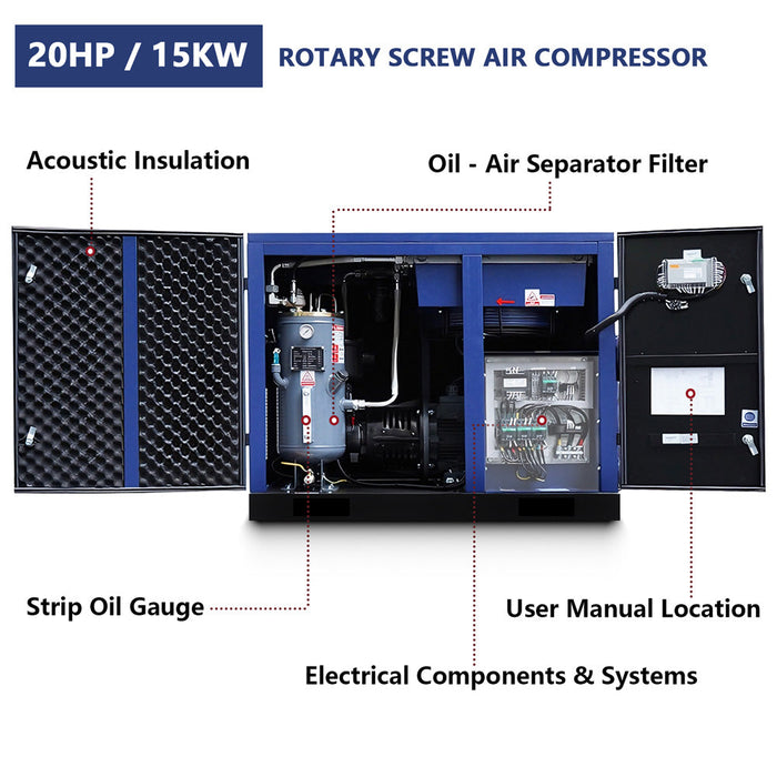 74CFM Rotary Screw Air Compressor, 20HP, 125PSI, 230V 3PHASE 60HZ