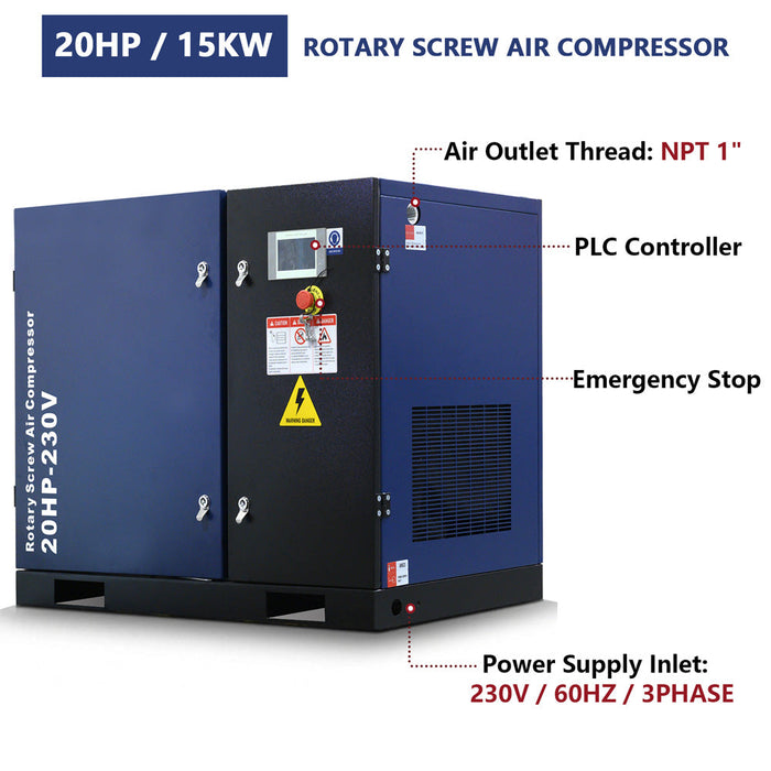 74CFM Rotary Screw Air Compressor, 20HP, 125PSI, 230V 3PHASE 60HZ