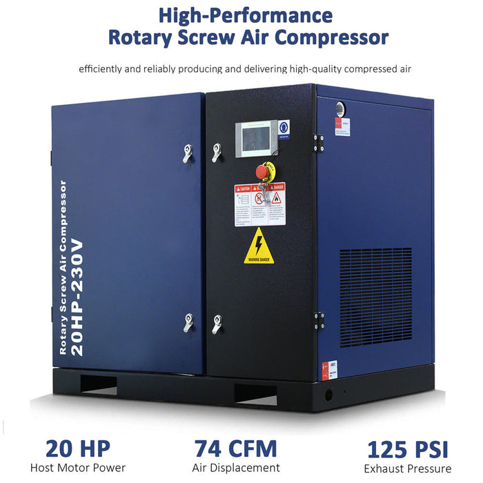 74CFM Rotary Screw Air Compressor, 20HP, 125PSI, 230V 3PHASE 60HZ