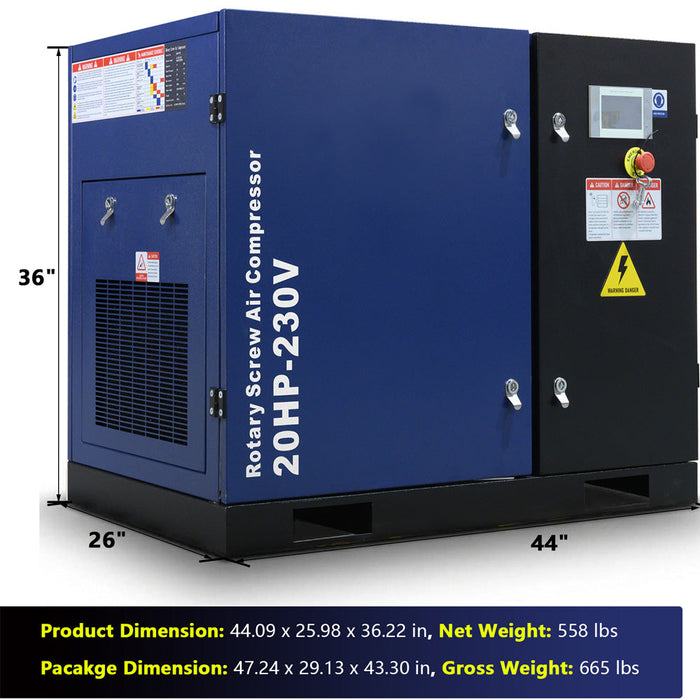 74CFM Rotary Screw Air Compressor, 20HP, 125PSI, 230V 3PHASE 60HZ