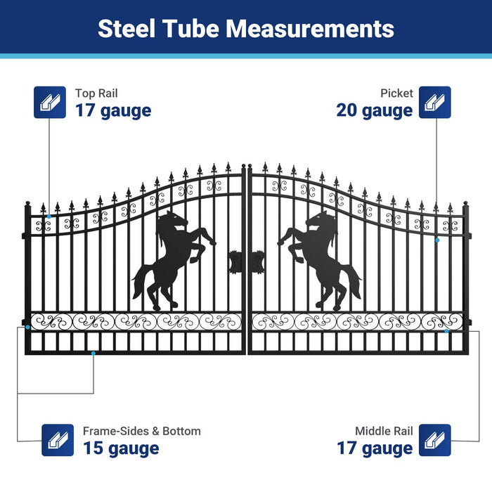 16x7 ft Steel Dual Swing Driveway Gate with Horse Pattern