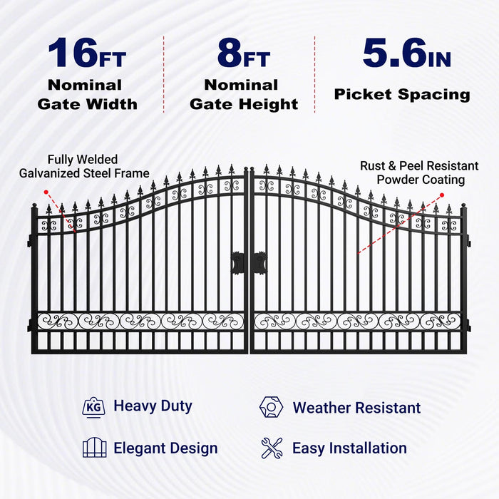 16x8 ft Steel Dual Swing Driveway Gate