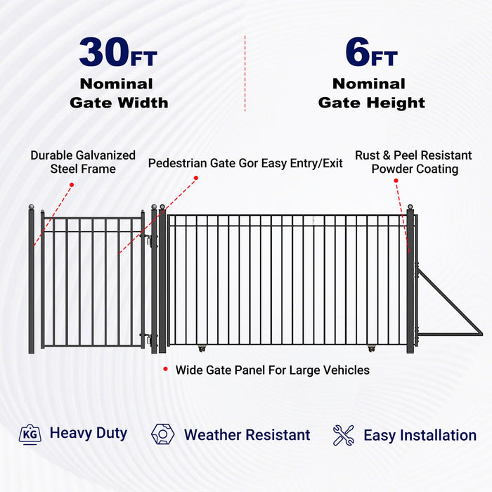 30ft Steel Sliding Driveway Gate with 5ft Pedestrian Gate