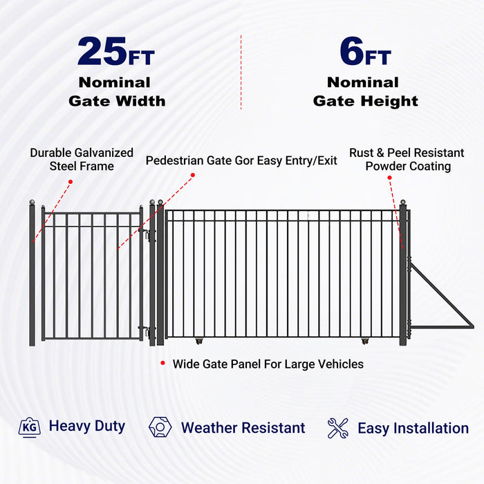 25ft Steel Sliding Driveway Gate with 5ft Pedestrian Gate