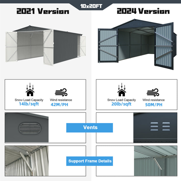 Chery Industrial 10'x20' Plus Upgraded Metal Garage Shed with Double Front Doors, Side Entry Door