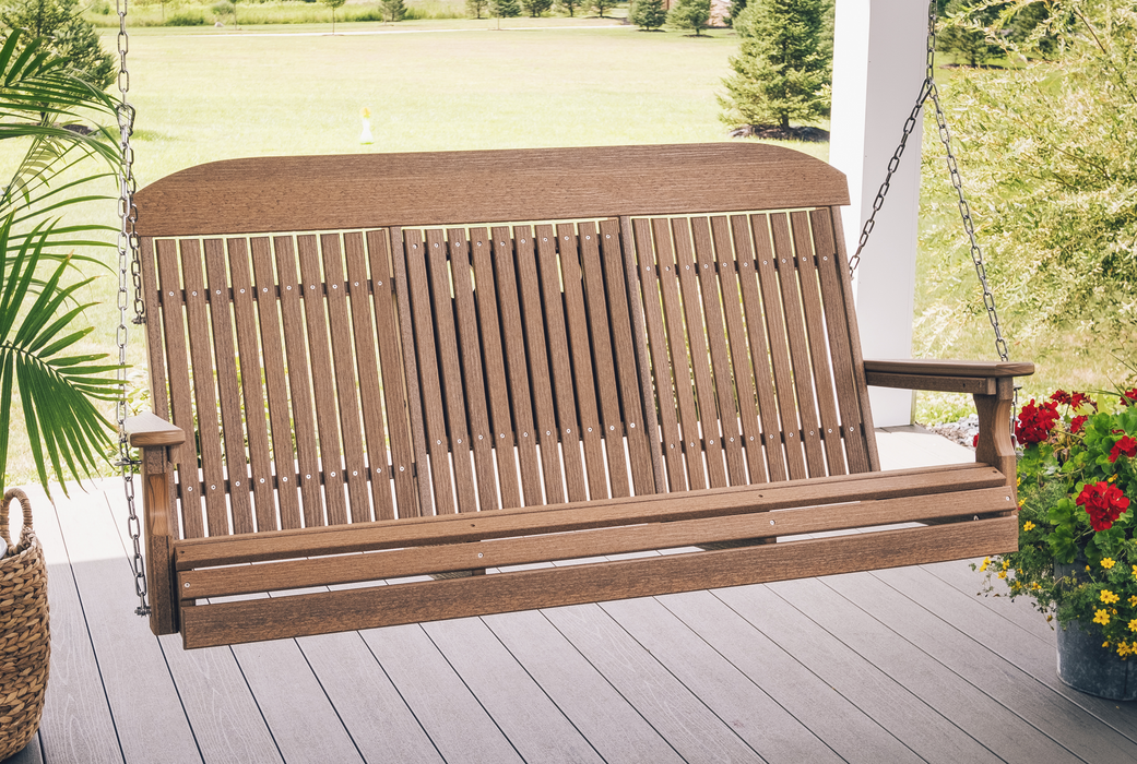 LuxCraft Classic Highback 5ft. Recycled Plastic Porch Swing with Flip Down Center Console