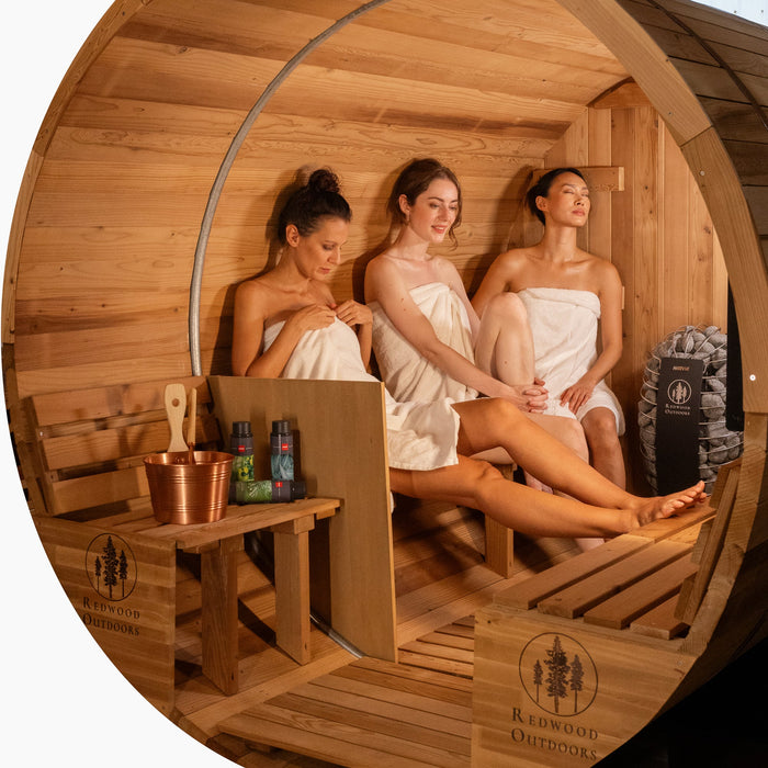 Redwood Outdoors Barrel Sauna w/ Porch - 6 Person