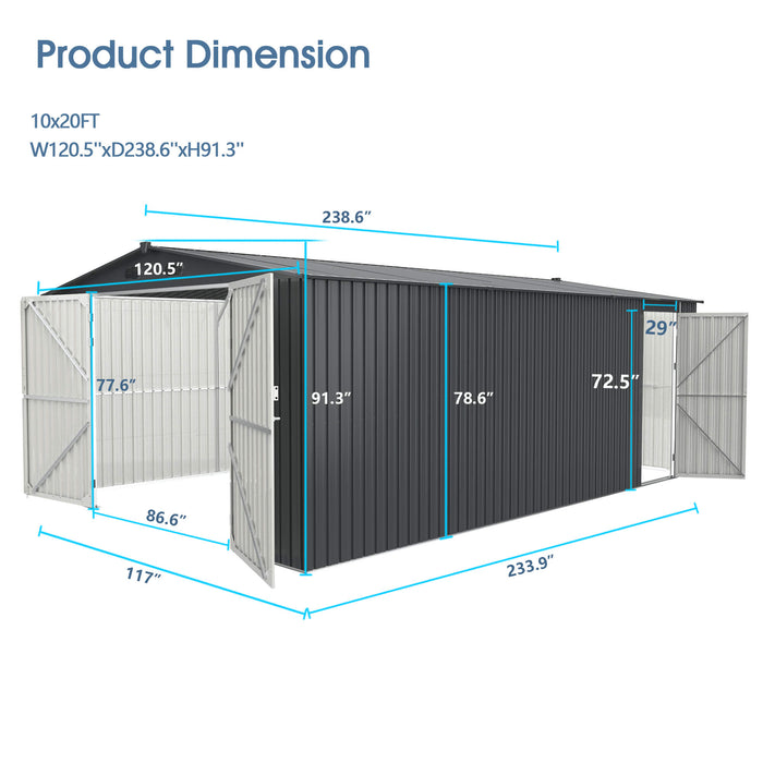 Chery Industrial 10’ x 20’ Metal Garage Shed with Double Front Doors & Side Entry Door