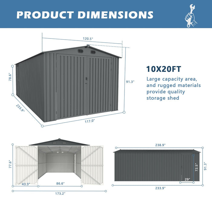 Chery Industrial 10’ x 20’ Metal Garage Shed with Double Front Doors & Side Entry Door