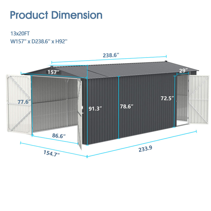 13'x20' Metal Garage Shed with Double Front Doors, Side Entry Door