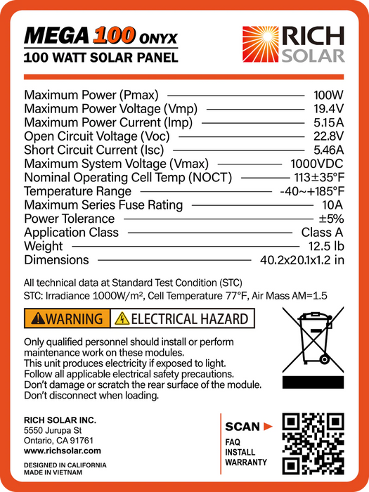 Rich Solar MEGA 100 ONYX | 100 Watt Monocrystalline Solar Panel | Best 12V Black Panel for VAN RVs and Off-Grid |