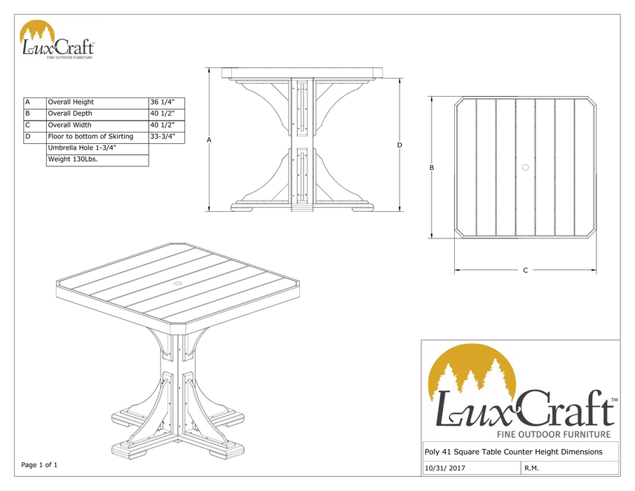LuxCraft Recycled Plastic 41" Square Table (COUNTER HEIGHT)
