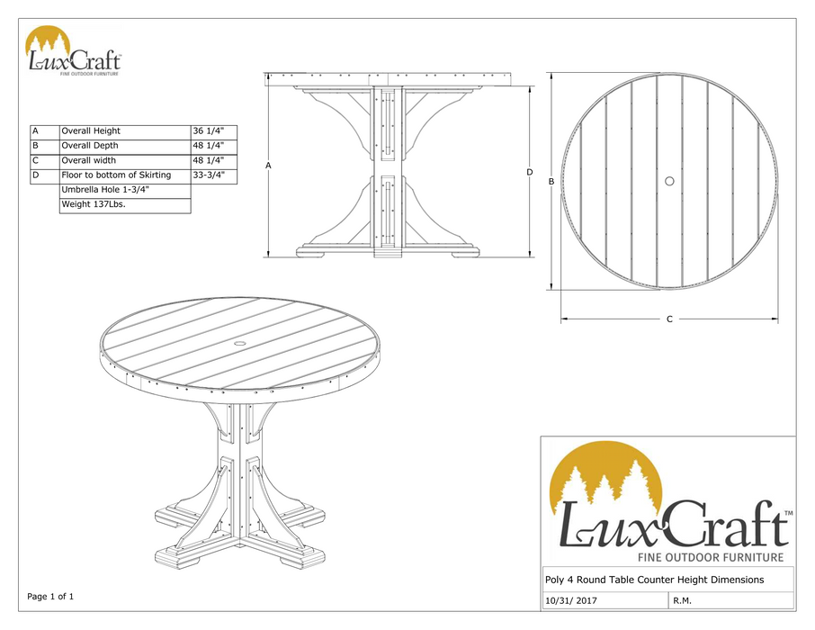 LuxCraft Recycled Plastic 4' Round Table (COUNTER HEIGHT)