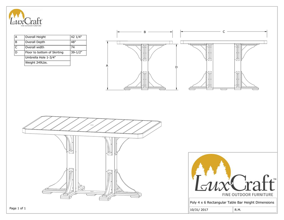 LuxCraft Recycled Plastic 4x6' Rectangular Table (BAR HEIGHT)