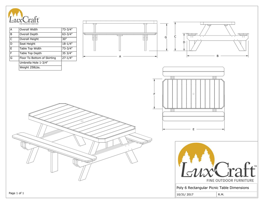 LuxCraft Recycled Plastic 6' Dining Height Rectangular Picnic Table