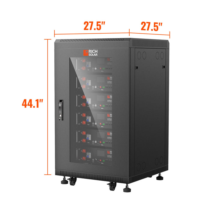 Rich Solar ALPHA 5 Series 6-Slot Battery Rack Cabinet, 600A Busbars, Casters (No Batteries)