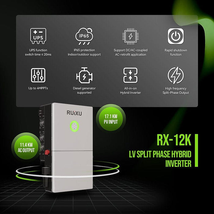 RUIXU | Split Phase Hybrid Inverter | PV: 90-550V | Battery: 40-60V | Output: 11.4kW | UL1741