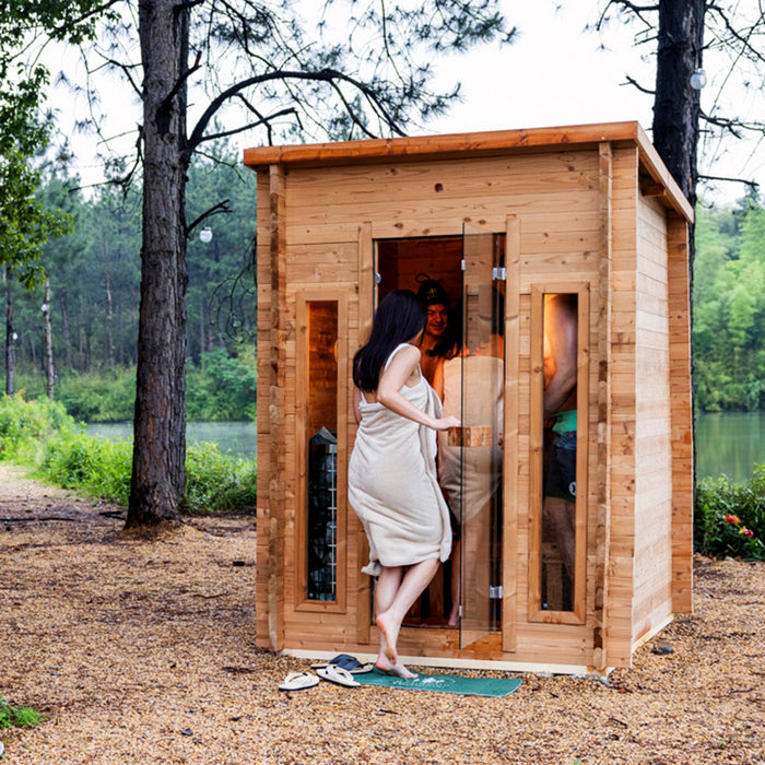 Redwood Outdoors Cabin Outdoor Sauna - 4 Person w/ Harvia Spirit Wi-Fi 8kW Heater