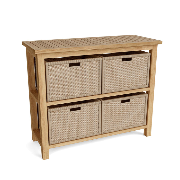Anderson Teak Towel Console Table with 4-Wicker Baskets