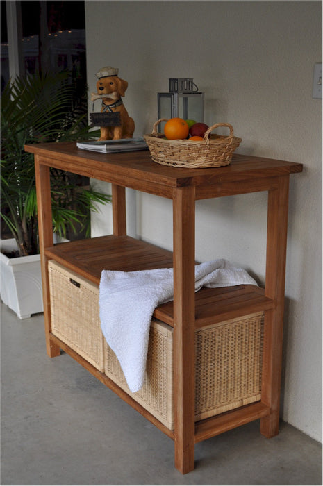 Anderson Teak Towel Console Table with 4-Wicker Baskets