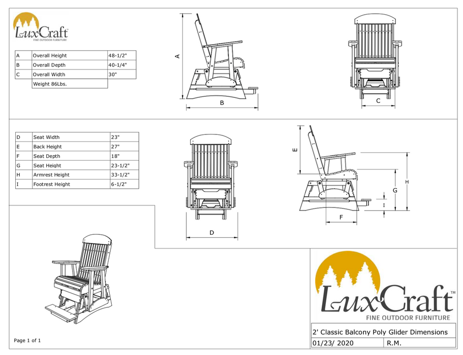 LuxCraft Recycled Plastic Counter Height 2' Classic Highback Balcony Glider