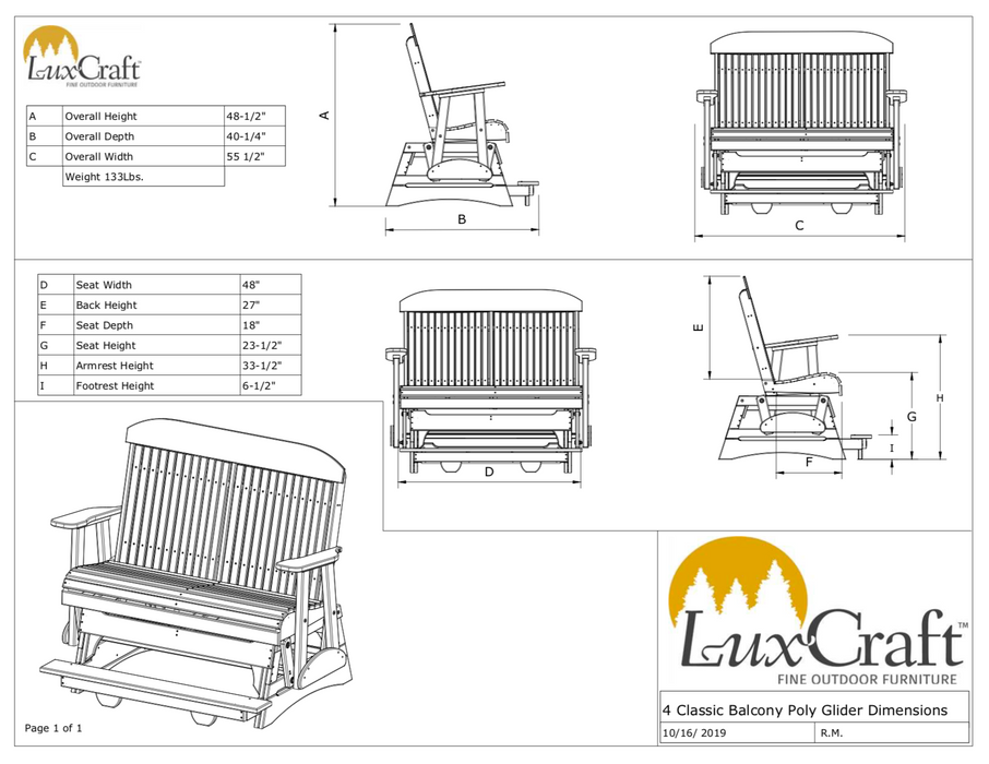 LuxCraft Counter Height Recycled Plastic 4' Classic Balcony Glider