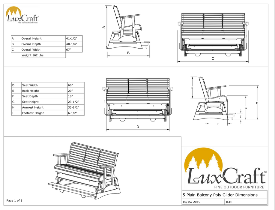 LuxCraft Counter Height Recycled Plastic 5' Plain Balcony Glider