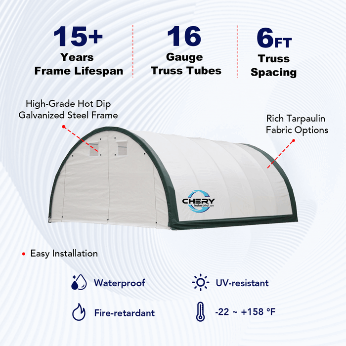 Chery Industrial Gold Mountain 20’ x 42’ x 12’ Single Truss Arch Storage Shelter – 840 sq ft Galvanized Steel Frame, 11 oz PE Canopy