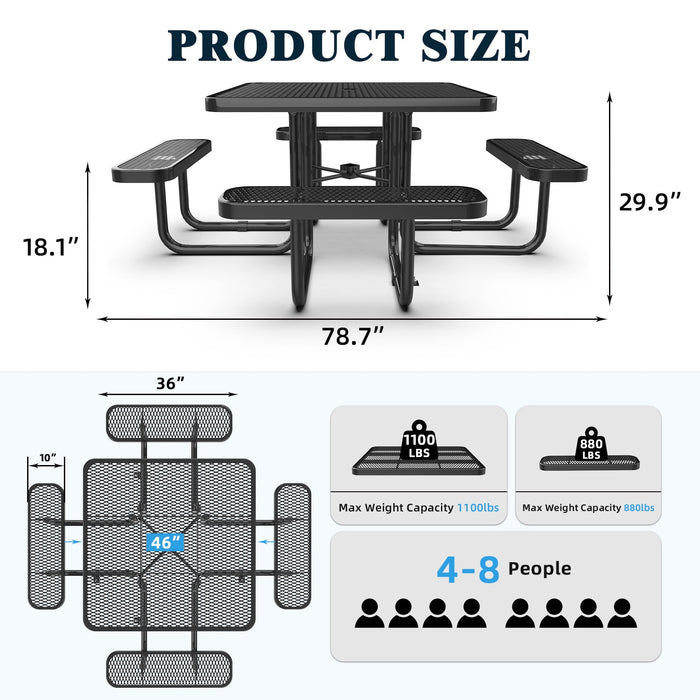 46” Square Metal Picnic Table with Umbrella Hole