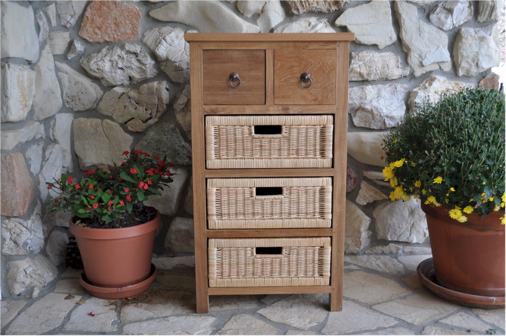 Anderson Teak Safari Occasional Table with Drawers & Rattan Baskets
