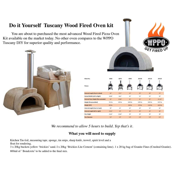 WPPO Do It Yourself (DIY) Wood Fired Oven Tuscany Kit 100 (55D x 52W x 31H)