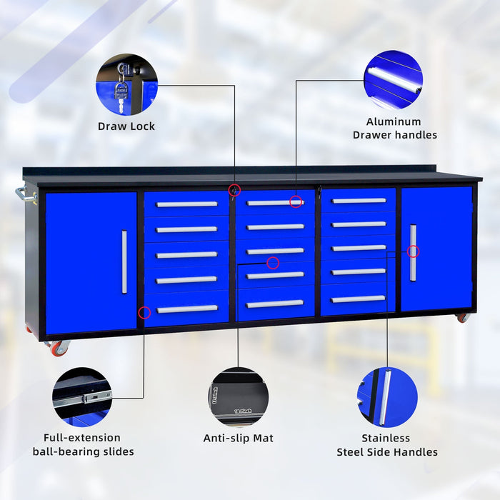 Chery Industrial 10’ Rolling Storage Workbench with 15 Drawers and Wheels
