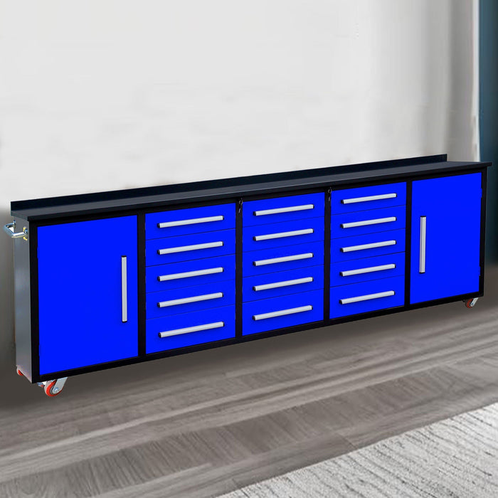 Chery Industrial 10’ Rolling Storage Workbench with 15 Drawers and Wheels