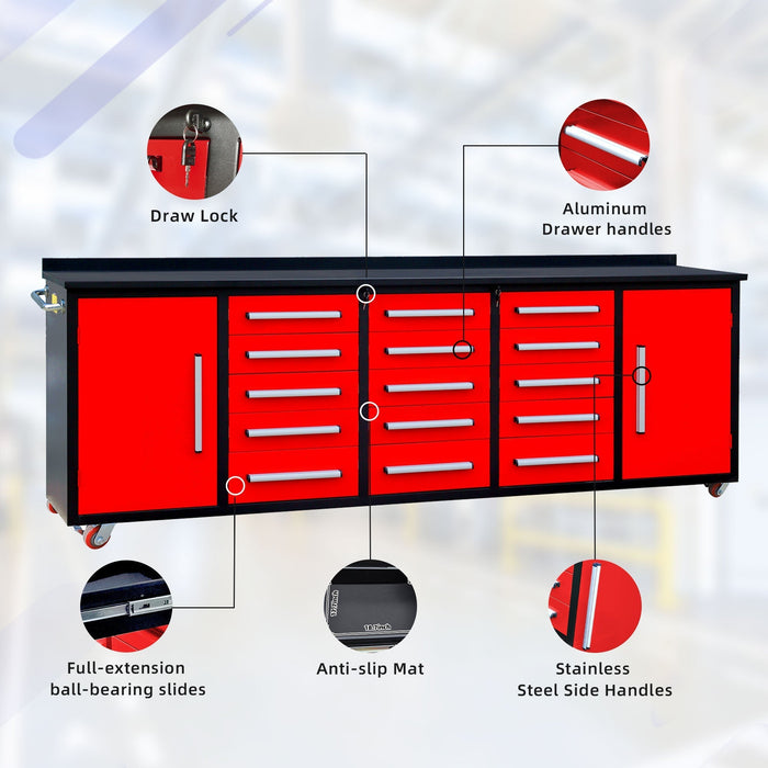 Chery Industrial 10’ Rolling Storage Workbench with 15 Drawers and Wheels