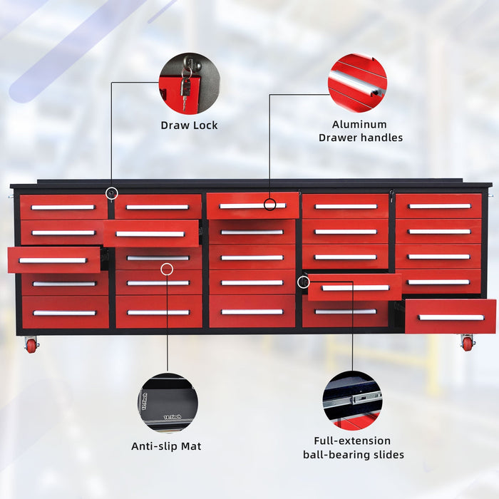 Chery Industrial 10’ Rolling Storage Workbench with 25 Drawers and Wheels