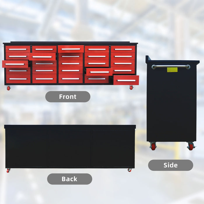 Chery Industrial 10’ Rolling Storage Workbench with 25 Drawers and Wheels