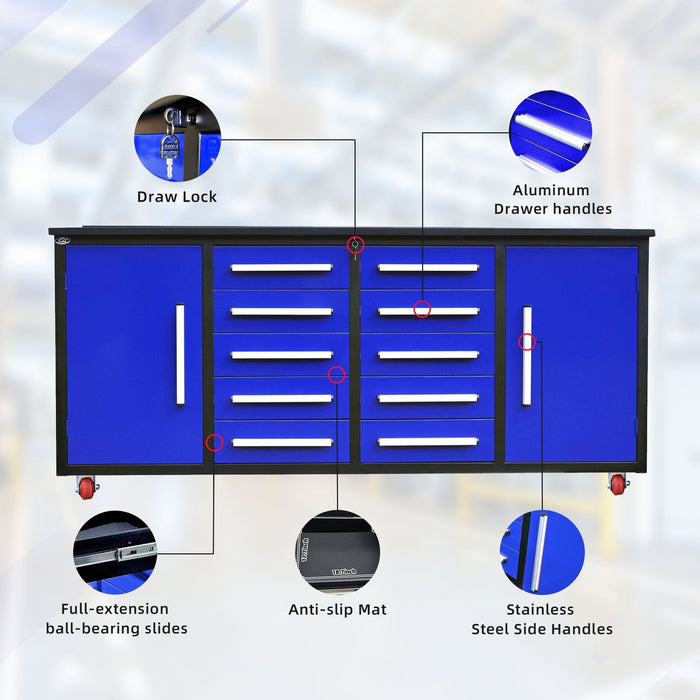 Chery Industrial 7ft 10-drawer Storage Workbench with Wheels