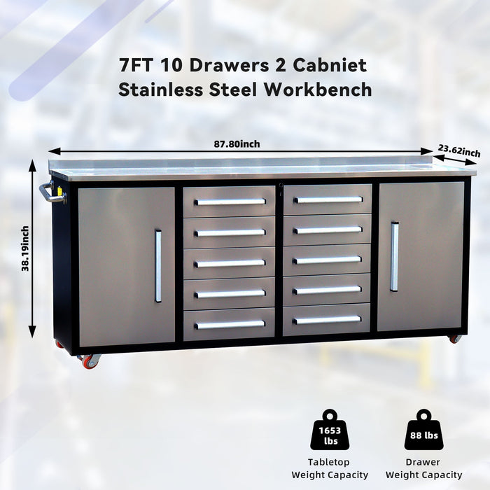 Chery Industrial 7ft 10-drawer Storage Workbench with Wheels