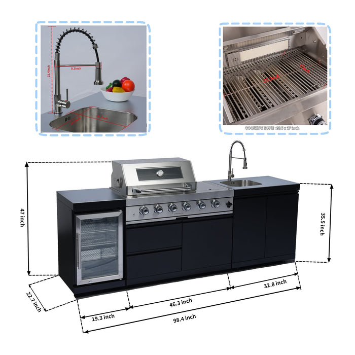 Stainless 98" 4-Burner 72,000 BTU Black Outdoor Kitchen Island Grill + Refrigerator + Rotisserie + Storage Cabinets & Drawers