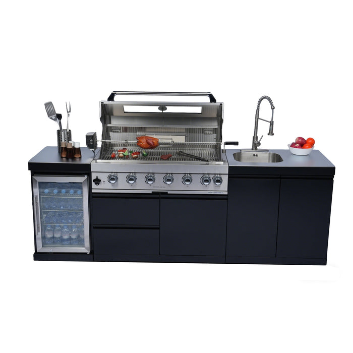 Stainless 96" 6-Burner 85000 BTU Black Outdoor Kitchen Island Grill + Refrigerator + Sink + Rotisserie