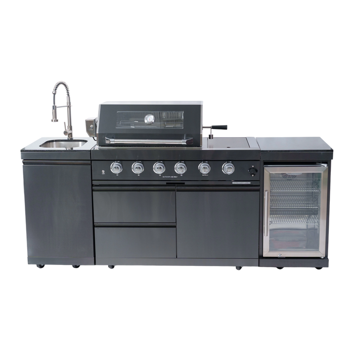 85" 4-Burner 72,000 BTU Stainless Outdoor Kitchen Island Grill with Wine Cooler & Sink Black