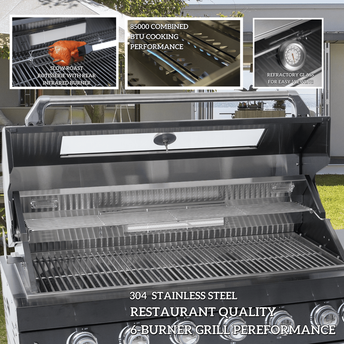 128" 120,000 BTU 6-Burner Outdoor Kitchen Island Grill with Pizza Oven