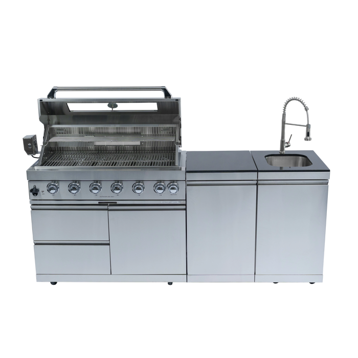 82" 6-Burner 85000 BTU Silver Outdoor Kitchen Island Grill + Storage Cabinets & Drawers & Sink/Faucet