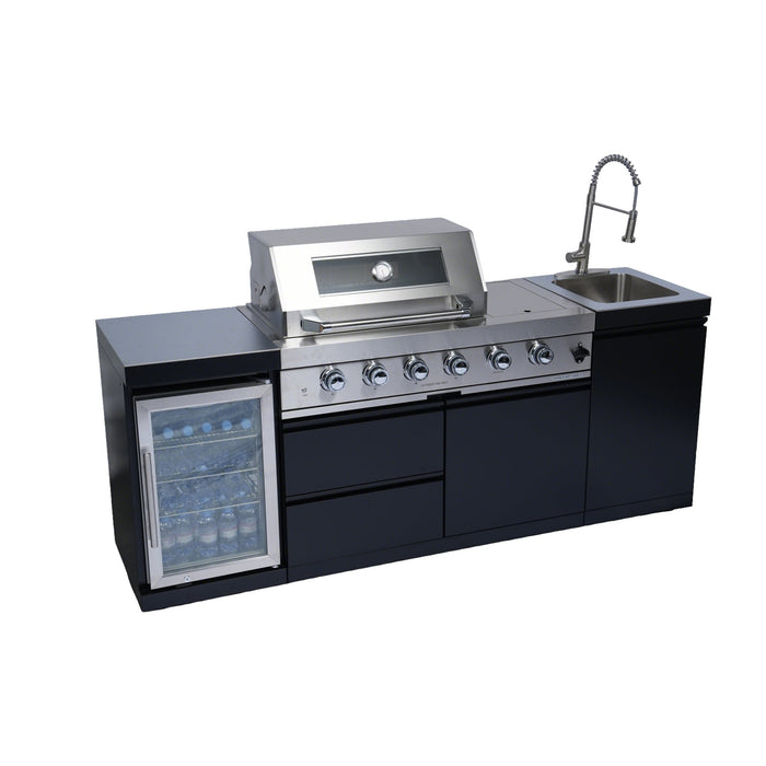 Stainless 85" 4-Burner 72000 BTU Black Outdoor Kitchen Island Grill +  Refrigerator + Rotisserie