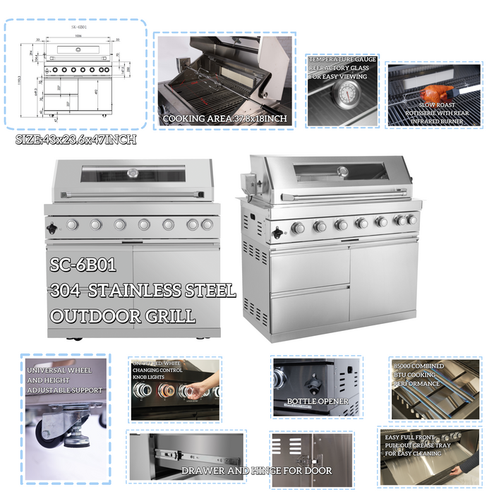 96" 6-Burner 85,000 BTU Deluxe Stainless Outdoor Kitchen Island Grill with Wine Cooler & Storage Cabinets
