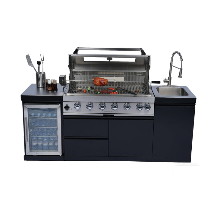 Stainless 82" 6-Burner 85000 BTU Black Outdoor Kitchen Island Grill + Refrigerator + Sink