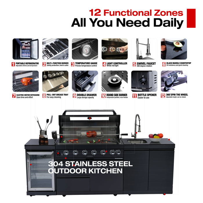 96" 6-Burner 85000 BTU Deluxe Stainless Steel Gas Outdoor Kitchen Island Grill with Wine Cooler & Sink