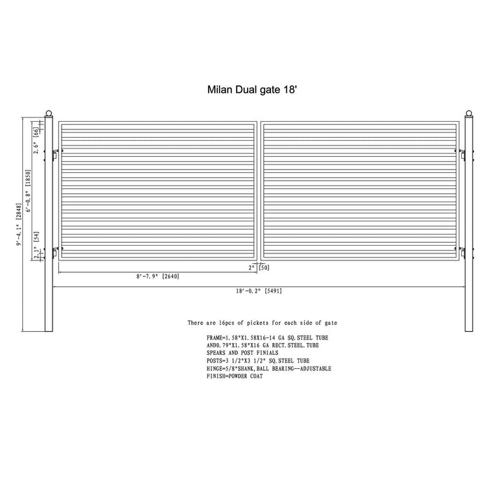 Chery Industrial 18'x6' Steel Dual Swing Driveway Gate - MILAN Style