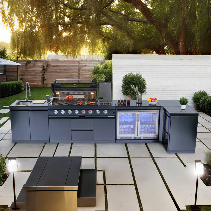 153+44" 6-Burner 96000 BTU Black Outdoor Kitchen  Island Grill with Wine Cooler & Drawers